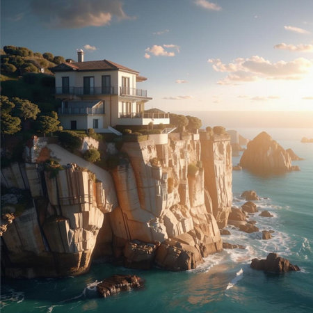 Aerial view of a luxury house on a cliff in the seaの素材