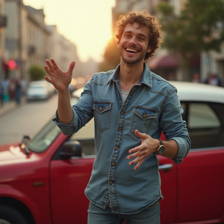 Cheerful young man with curly hair standing in the street and smilingの素材