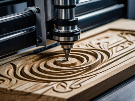 CNC milling machine cutting wooden plank. Small depth of field.の素材