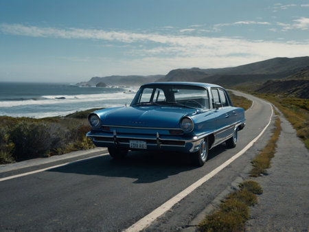 Vintage american car on the road with ocean in the backgroundの素材