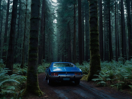 Car in the dark forest with fog. Car in the forest.の素材