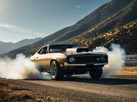 A classic american car drifting on an empty highway in California.の素材