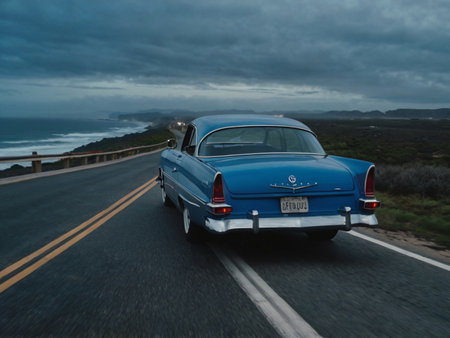 Old american car on the road with the ocean in the backgroundの素材