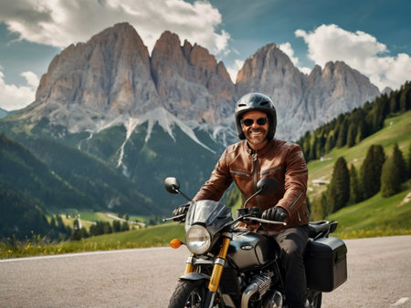 motorcyclist on the road in the Dolomites, Italyの素材