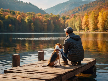 Man and dog on a wooden pier by the lake in autumn.の素材