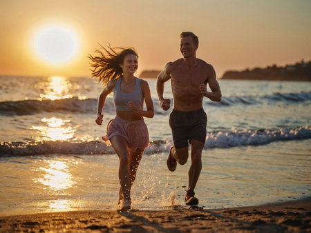Young couple running on the beach at sunset. Healthy lifestyle and fitness concept.の素材