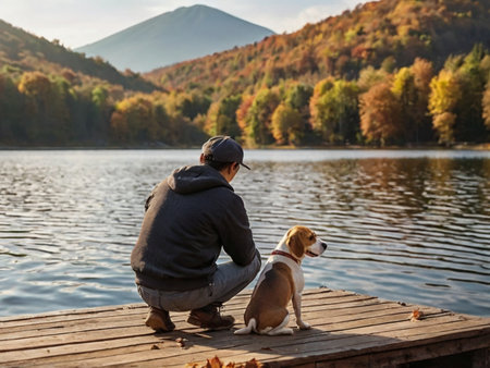 Man sitting on the pier with his dog and looking at the beautiful autumn landscapeの素材
