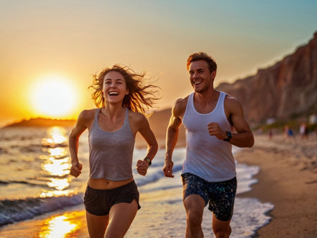 Happy couple running on the beach at sunset. Sport and healthy lifestyle concept.の素材