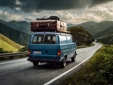 Caravan with luggage on the road in the mountains. Travel concept.の素材