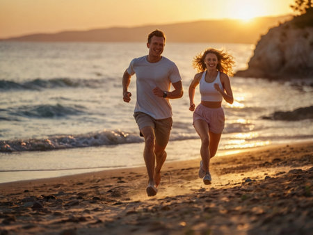 Young couple jogging on the beach at beautiful sunset. Health and fitness concept.の素材