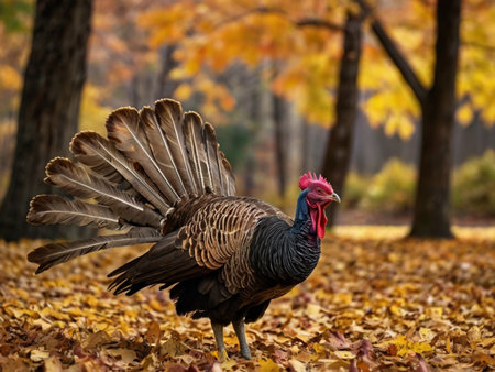 Wild turkey with colorful autumn leaves in the park. Animal in the nature.の素材