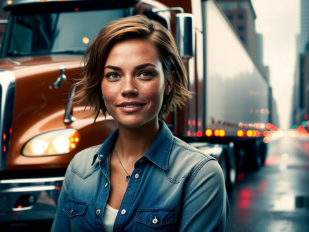 Beautiful young woman standing in front of a big rig semi truck.の素材