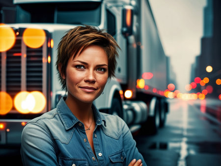 Portrait of a smiling woman standing in front of a truck.の素材