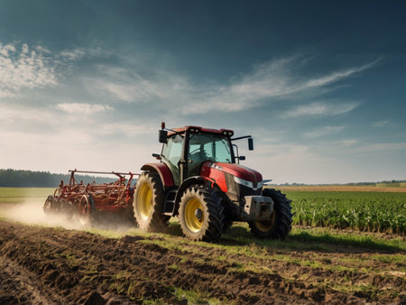 Tractor with seeder in the field. Tractor plowing the fieldの素材