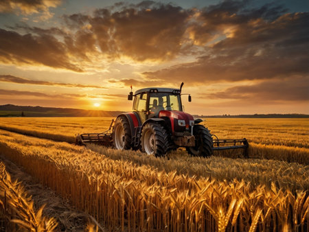 Farmer in tractor preparing wheat field with seedbed cultivator at sunsetの素材