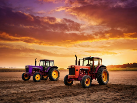 Tractor on the field. Tractor on the field at sunset.の素材