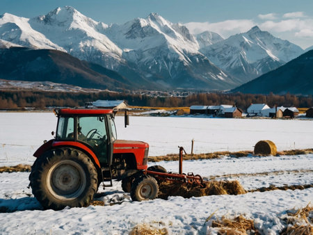Tractor in the field on a background of snow-capped mountainsの素材