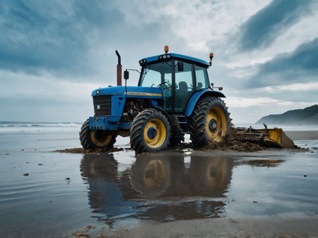 Tractor working on the beach during a stormy day, Portugalの素材