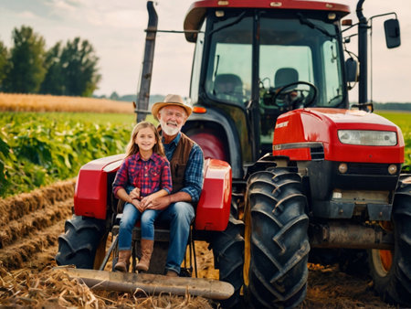 Portrait of father and daughter sitting on tractor in field during harvestの素材