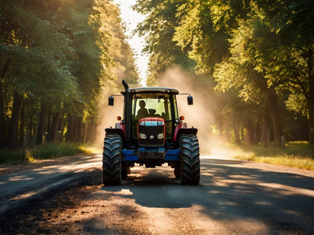 Tractor on the road in the forest at sunset. Agricultural machineryの素材