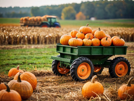 Harvested pumpkins on a farm field with tractor and trailerの素材