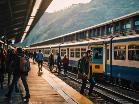 Passengers waiting for the train on the platform of the station.の素材