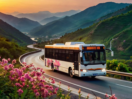 Bus on the road in the mountains at sunset, Sapa, Vietnamの素材