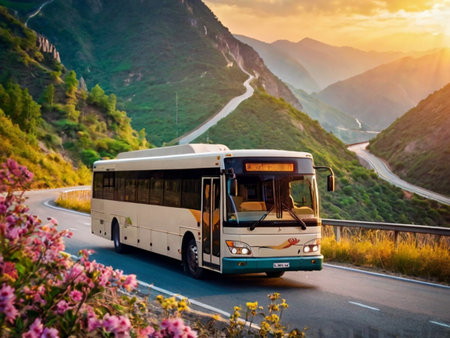 Bus on the road in the mountains at sunset. Travel concept.の素材