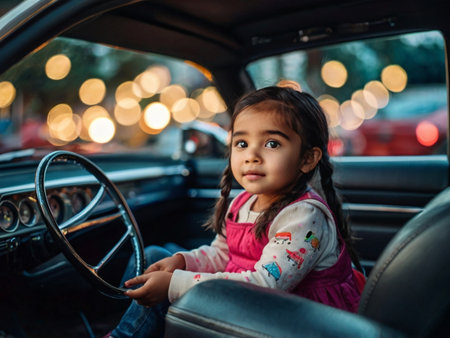 Adorable little girl driving a car on a night city street.の素材