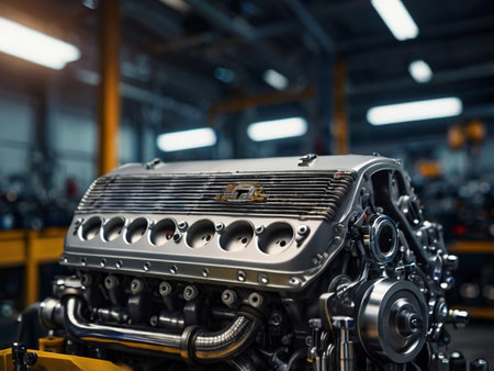 Close up of the engine of a modern car in the workshop.の素材