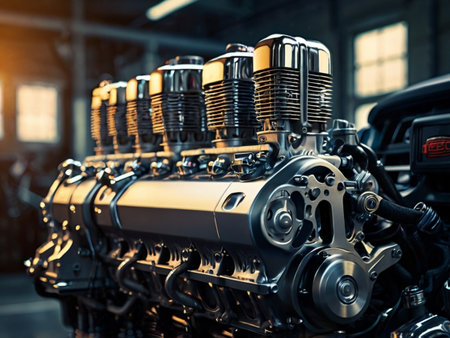 Close-up of car engine in auto repair shop. Car service conceptの素材