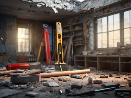 construction tools and building materials on the floor of an old buildingの素材