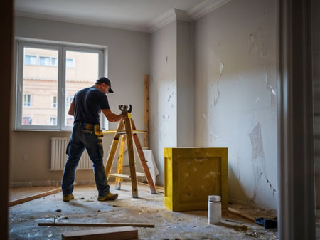 Worker using a trowel to paint the walls of a roomの素材