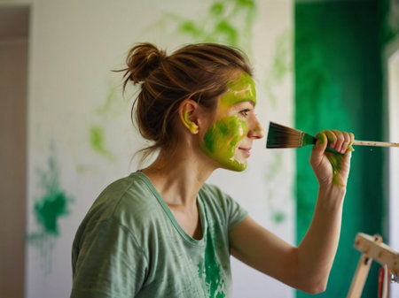 Young woman painting with green paint on her face and holding paintbrushの素材