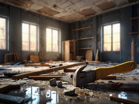 Old carpentry workshop with tools and old wood. 3d renderingの素材