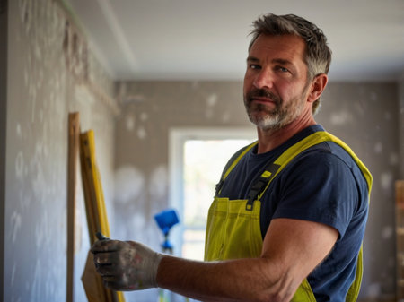 Portrait Of Mature Male Janitor Repairing Wall At Homeの素材