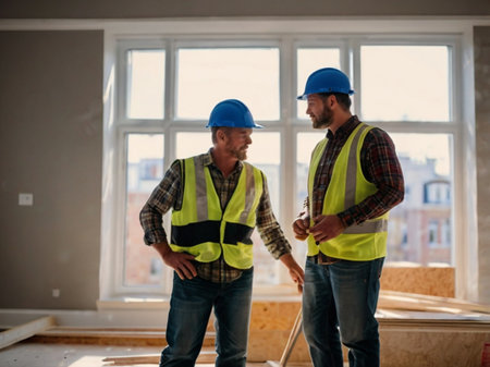 Two construction workers standing in front of a window at a new houseの素材