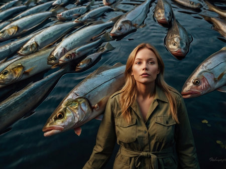 Beautiful young woman with long blond hair in green coat posing with big fish on the river bankの素材