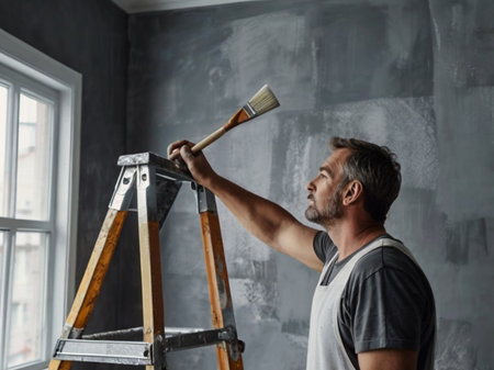 Portrait of a man painting a wall with a paintbrush.の素材