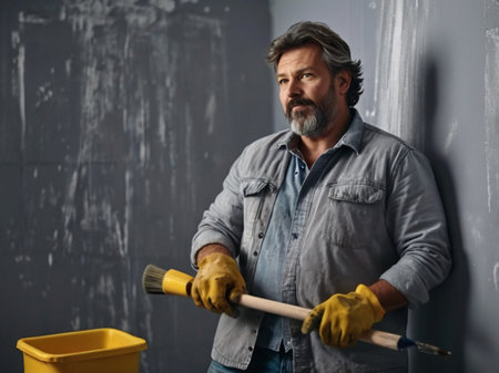 Portrait of a handsome mature man with a paint roller in his hand.の素材