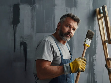 Portrait of a handsome mature man painting a wall with a paintbrushの素材