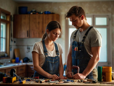 Young couple repairing furniture at home. Young man and woman working with tools.の素材