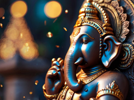 Hindu God Ganesha statue, closeup of face.の素材