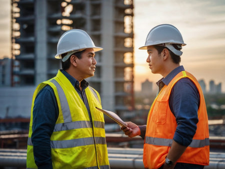 Engineer and Architect working on construction site with blueprint and building backgroundの素材