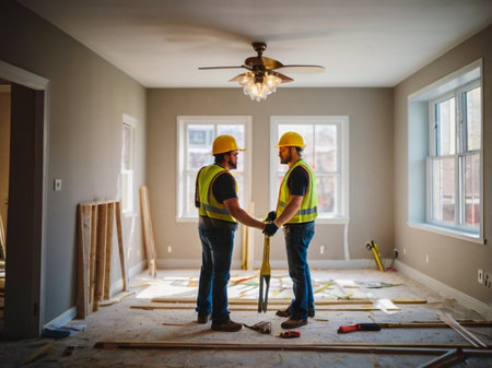 Two construction workers in hardhats shaking hands at a construction siteの素材
