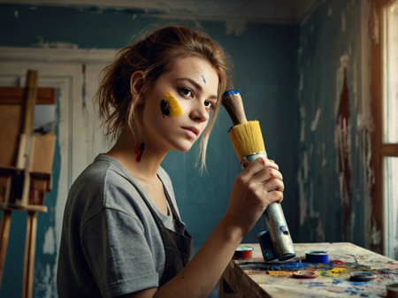 young pretty woman painter with paintbrush and palette in studio, lifestyle people conceptの素材