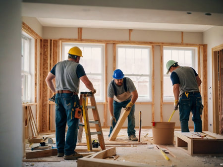 Group of carpenters working on a new home construction site.の素材