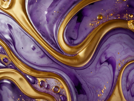 Beautiful abstract background of purple and gold paint. Liquid marble pattern.の素材