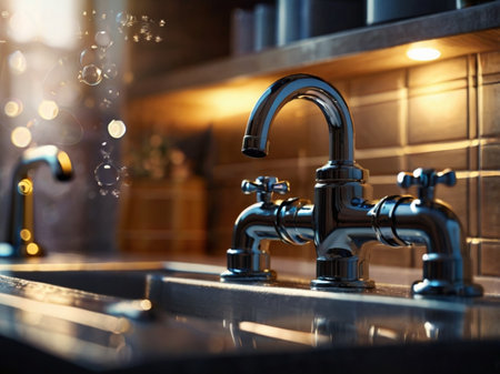 faucet and sink in the kitchen at night, close upの素材