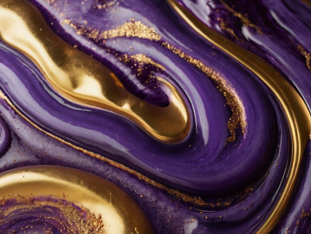 Purple and gold marbling pattern. Golden marble liquid texture.の素材